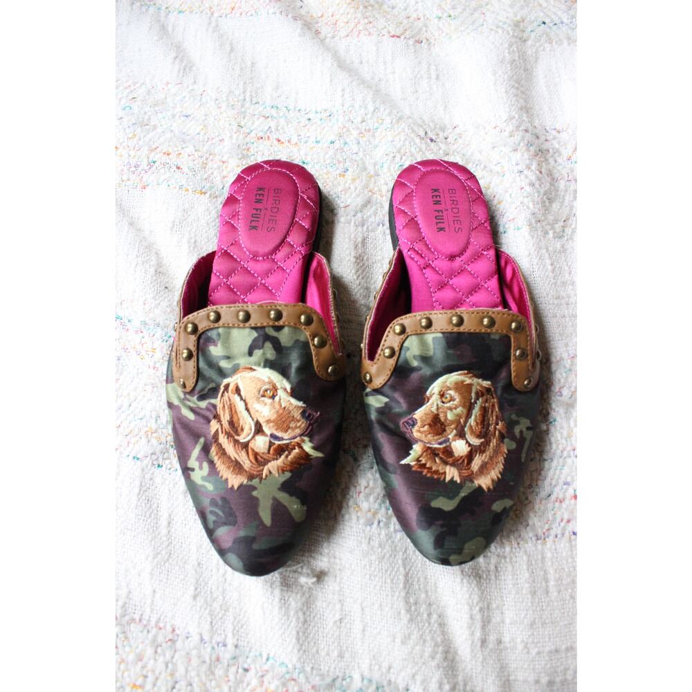 Birdies Ken Fulk Labrador Dog Camo Mule Slippers Flats Size 5.5